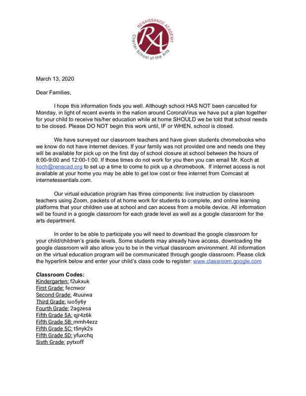 Families! A letter was sent home March 13, 2020